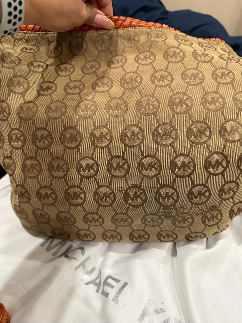 Michael Kors Orange MK Monogram Shoulder Bag with Tassel Charm